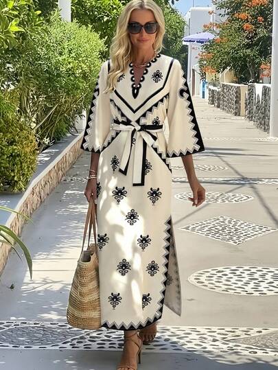 EMERY ROSE Lässiges und pendeltaugliches elegantes Schnürkleid in Midi-Länge, modisch bedruckter V-Ausschnitt Schlitzrobe, neue Damen Resort Lange Robe, Damen Langes Kleid