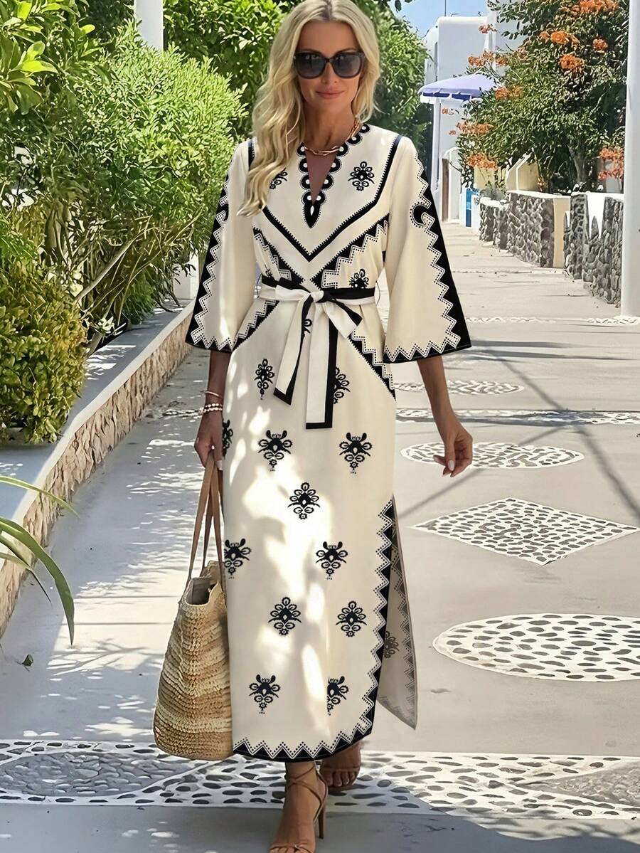 休闲通勤优雅系带宽松中长连衣裙，时尚印花V领开衩长袍，新款女士度假长袍，女士长裙 - 彩色 - 查看 1