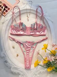 2pcs/Set Romantic Floral Embroidery Sexy Lingerie Set For Women Valentine's Floral Lingerie Set Pink Lingerie Set Underwire Lingerie Set Moo Moo Satin Lingerie Set Gaine