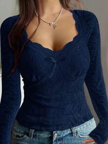 Vionelle 大码女式法式浪漫蕾丝蝴蝶结性感上衣 - 藏蓝色 - 查看 1