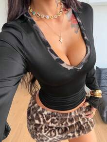 Coolane Women's Fall/Winter Vintage Grunge Y2K Streetwear Leopard Stretchy Brown Knit Bustier Long Sleeve V-Neck Leopard Print Black T-Shirt, Long Sleeve Black Top Tight Fitted Tops Black Sexy Tops