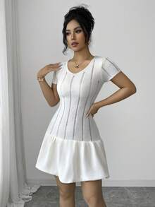 Elenzga 女士 Atmosphere 个性化镂空短袖针织连衣裙 - 杏色 - 查看 3