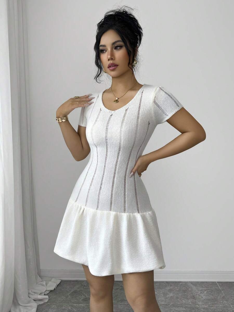 Elenzga Women's Atmosphere Personalized Hollow Out Short Sleeve Knit Dress - Apricot - View 1