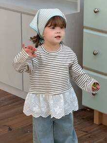 DAZY Toddler Girls' Round Neck Striped Long Sleeve Ruffle Casual T-Shirt - Apricot - View 7