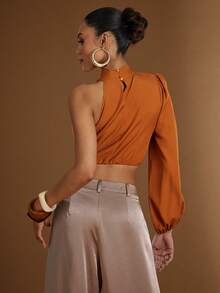 Hauture Women's Sexy One Shoulder Swing Collar High Mock Neck Long Sleeve Blouse Top - Chocolate Brown - View 2