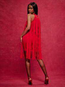 NYA SZN Dress Sleeveless Halter Neck Fringe Curly Detail Loose Fitted Bodycon Red Occasion Mini Length Outfits For Women - Burgundy - View 2