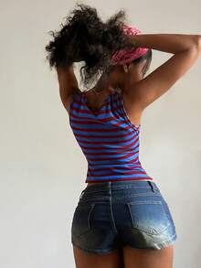 StreetHx Camiseta de punto de cuello cuadrado con rayas multicolor de moda para mujer - Multicolor - Ver 2
