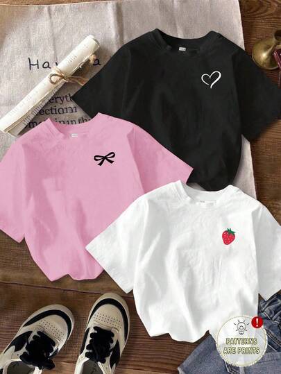 Attitoon 3 stuks/set casual minimalistische hart, strik, aardbei grafische ronde hals korte mouwen cropped getailleerde dames T-shirts