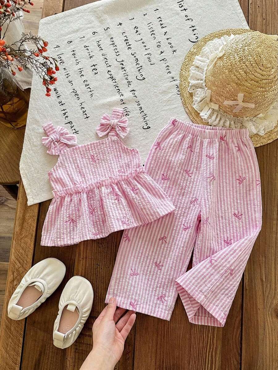 SHEIN LMoss Kids Babygirl Summer Cute Pink Striped Camisole Top And Elastic Waist Pants Set - Pink - View 1