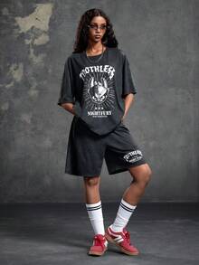 SHEIN How to Train Your Dragon Bộ đồ nam thường ngày gồm áo thun ngắn tay và quần short in chữ và hình rồng, thích hợp cho mùa hè. - Màu xám đen - Xem 5