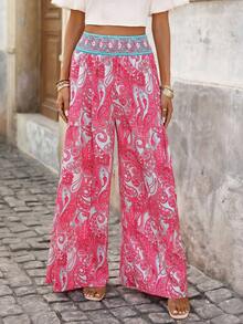 Brillora Quần nữ in họa tiết retro, thích hợp cho kỳ nghỉ hè, du lịch, phong cách boho thường ngày, quà Valentine cho nữ, quần ống rộng in họa tiết Paisley cho năm mới và mùa thu, quần in hoa thời trang, thích hợp cho mùa xuân/hè/thu, phong cách nghỉ mát. - Hồng - Xem 5