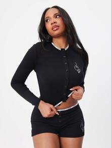 BABYPHAT 罗纹长袖纽扣前襟logo睡衣上衣，撞色滚边细节，舒适睡衣 - 黑色 - 查看 3