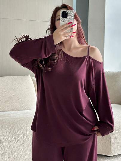 Dazy Plus Conjunto de pijama de talla grande para mujer con top de tirantes finos suelto y hombros descubiertos, y pantalón recto, para primavera/verano