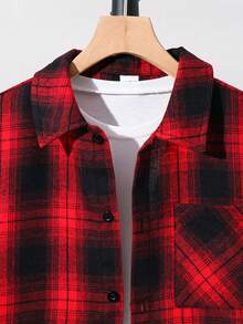 SHEIN Tween Boy Loose-Fitting Casual Collared Woven Plaid Drop-Shoulder Shirt,Black Top,Long Sleeve Top,Suitable For Autumn And Winter - Red - View 3