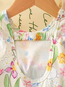 SHEIN Playful Pals Baby Mädchen Mode Blumen Muster Rückenausschnitt Schleife Design Kleid, geeignet für stilvolle Urlaubsoutfits - Verschiedenfarbig - Übersicht 4