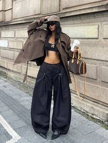 Coolane 女式夏季嬉皮商务休闲街头风复古宽松灯笼裤 - 黑色 - 查看 4