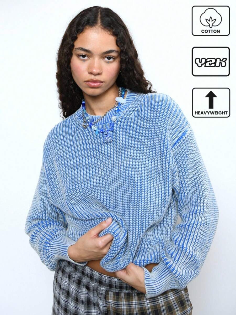 COUREZ 男女通用常规版型圆领针织水洗套头衫 Y2K 复古风 100% 棉 - 藍色 - 查看 1