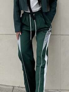 Bearsaez Women's Drawstring Waist Pocket Patchwork Casual Sports Pants, Ladies' Spring/Autumn Casual Drawstring, Pockets, Side Stripes Natural Straight Wide-Leg Long Green Loose Pants, Casual Everyday Wear, Back To School - Green - View 4
