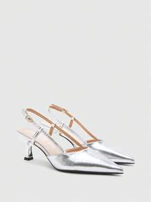 CUCCOO BIZCHIC 女士尖头高跟细高跟鞋，杏色亮面露跟套穿式连衣裙鞋，适合通勤和日常穿着 - 紋理銀色 - 查看 6