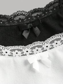 Girlism 2件套少女黑白针织吊带背心，蕾丝边饰蝴蝶结点缀，简约基础款吊带背心，春夏款