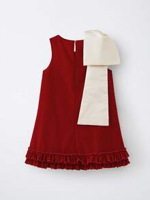 Maija Kids Red Autumn Party Elegant Oversized 3D Bow Decor Crisp Velvet Round Neck Ruffle Hem Sleeveless Graceful Dress,Suitable For Christmas Classic Fashion - Red - View 3