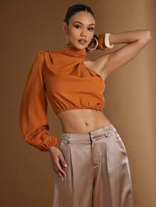 Hauture Women's Sexy One Shoulder Swing Collar High Mock Neck Long Sleeve Blouse Top - Chocolate Brown - View 4