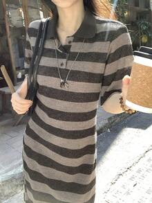 DAZY Women's Striped Short Sleeve Half-Zip Casual Long Dress - Brown - View 5