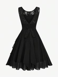EMERY ROSE Plus Size Chiffon Elegant Lace Patchwork Dress - Black - View 2