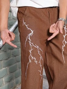 Manfinity EMRG Quần jean denim đen mài bạc, cỡ lớn dành cho nam, thêu hình tia sét, phù hợp cho mọi mùa. - màu nâu - Xem 7