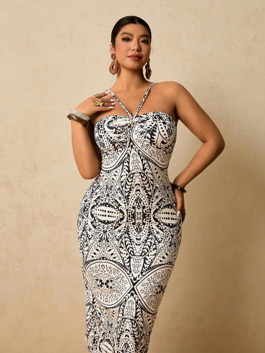 Travachic 大码女式黑白复古印花连衣裙，吊带系腰修身连衣裙，针织弹力长裙 - 黑與白 - 查看 1
