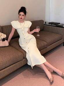 DAZY Women's Elegant Ruffled Hem Solid Color Dress, Summer Wedding Guest Dress Sundress - Beige - View 5