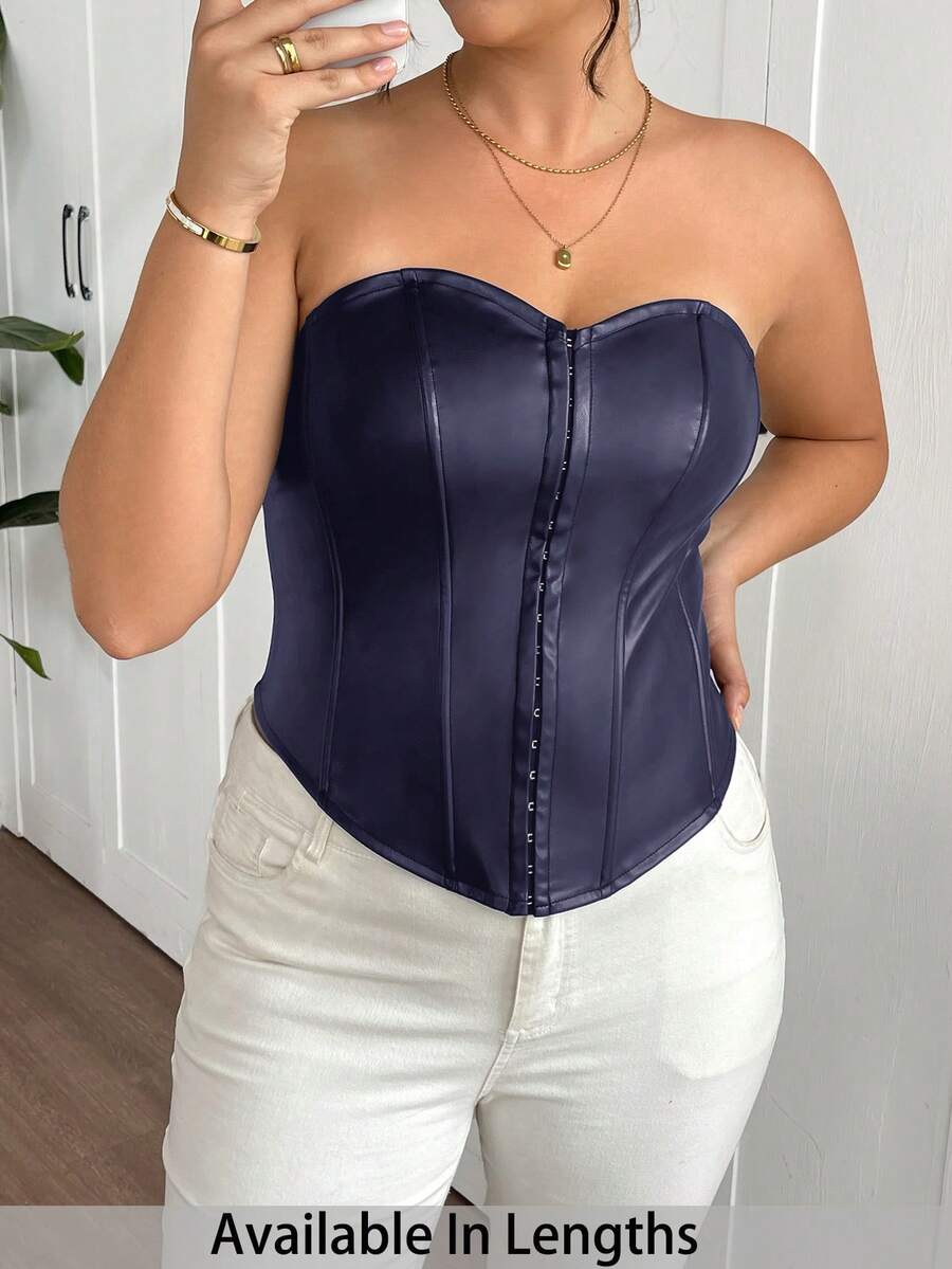 SHEIN Tall CURVE Canotta nera in ecopelle con bottoni centrali frontali, taglie comode - Blu Navy - Visualizzare 1