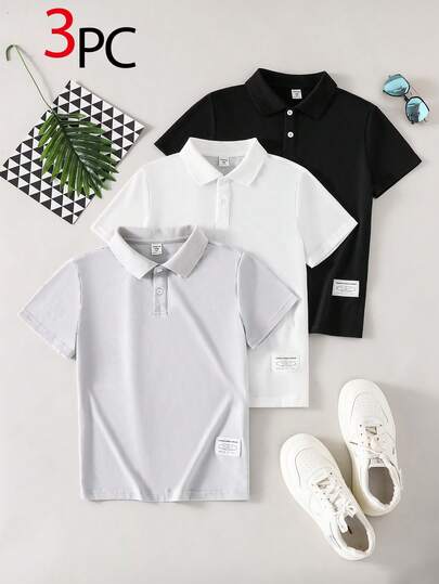 SHEIN Explorewe 3件套男童简约纯色Polo衫，休闲短袖，适合日常穿着、通勤和上学。