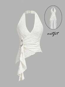 SHEIN MOD 女士纯色露背荷叶边不对称下摆时尚百搭吊带背心 - 杏色 - 查看 6