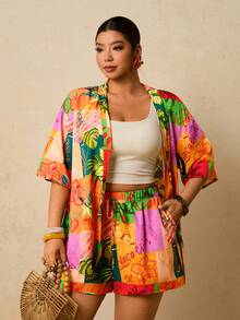 Travachic Plus Size Tropical Print Top And Shorts 2 Pieces Set, Casual Holiday Outfit - Multicolor - View 3