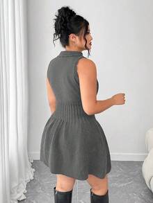 Elenzga Plus Size Women Autumn/Winter Knitted Sleeveless Dress With Ruffle Hem, Solid Color Sweater Dress - Dark Grey - View 2