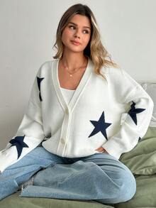 EURMUSE Women's Pentagram Jacquard Drop Shoulder Long Sleeve Casual Loose Knit Cardigan - White - View 5
