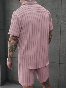 SLATEMANN Men's Front Button Striped Short Sleeve Casual Shirt Set, Summer - Pink - View 2