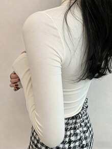 DAZY 女士动物图案高领休闲百搭通勤修身长袖T恤 - 白色 - 查看 3