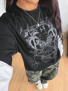 Coolane Áo thun tay dài oversize họa tiết cotton phong cách Hippie, Preppy, Grunge, Punk, Goth, thường ngày dành cho nữ mùa đông/thu - màu đen - Xem 4