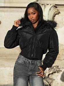 Mima John 女式冬季街头服饰基本款绗缝大衣，配法兰绒帽子 - 黑色 - 查看 6