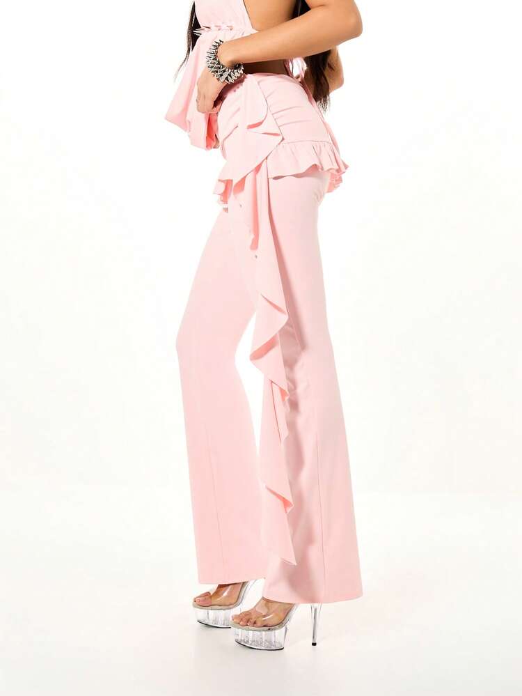 SUMWON WOMEN Pantalon palazzo évasé à taille volantée pour la Saint-Valentin