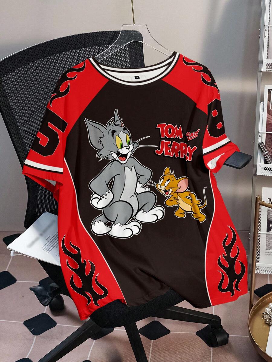 TOM & JERRY X SHEIN Plus Size Letter & Cartoon Graphic Color Block Round Neck Short Sleeve T-Shirt - White - View 1