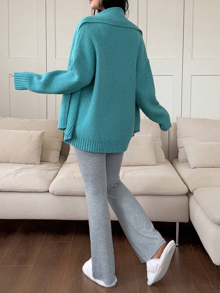 3pcs/Set Knitted Loose Cardigan, Striped Camisole, And Wide Leg Pants Women Pajama Set