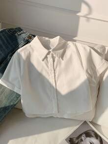 SHEIN EZwear Solid Button Front Crop Shirt - White - View 5