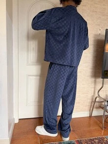 Manfinity Roghcode 男士格子复古休闲长袖衬衫长裤套装，秋冬男士两件套蓝色男士套装，男士两件套休闲西装Y2K运动服男士服装套装蓝色 - 寶藍色 - 查看 2