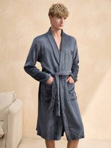 EverLounge Men's Bathrobe With Tie Design, Pockets, And Emblem Decor, Soft And Fluffy Fabric, Suitable For Comfortable Home Wear - Multicolor - View 3
