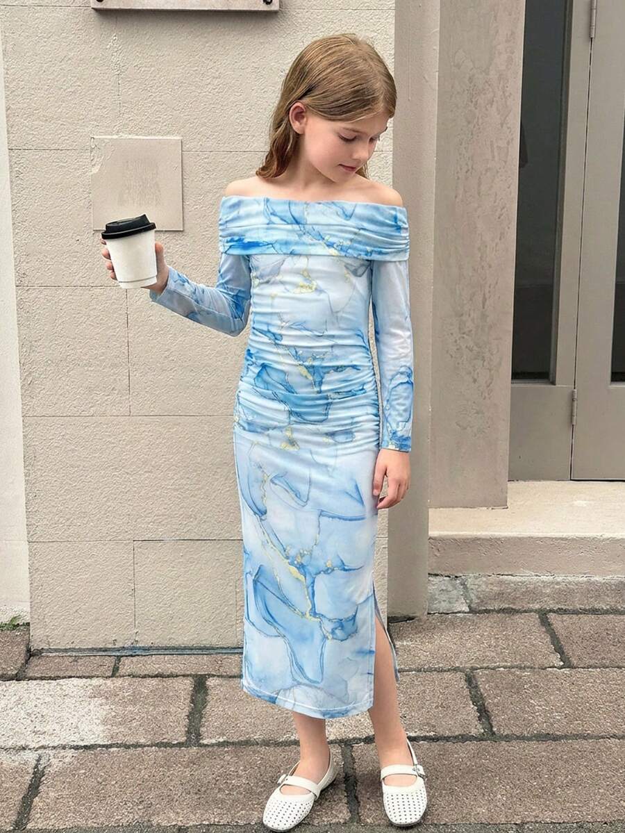 SHEIN Tween Girls Snug Fit Casual Minimalist Comfortable Off-Shoulder Cinched Waist Midi Dress - Baby Blue - View 1