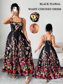Elenzga Plus Size Women's Spaghetti Strap Dress, Elegant Lady Style Evening Gown, Waist Cinching, Slimming - Black - View 7