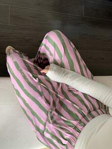 Dazy Plus 时尚弹力腰带抽绳宽松直筒条纹长款睡裤 - 粉色 - 查看 3